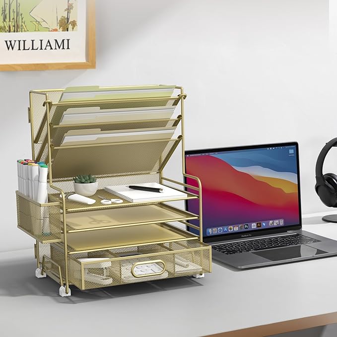 MINDEPOT 4-Tier Paper Organizer + 3-Pocket File Holder + Drawer + Pen Holders, Desktop File Organizers Paper Tray for Office Supplies School Classroom Organization (Gold, with Drawer & Pen Holder)
