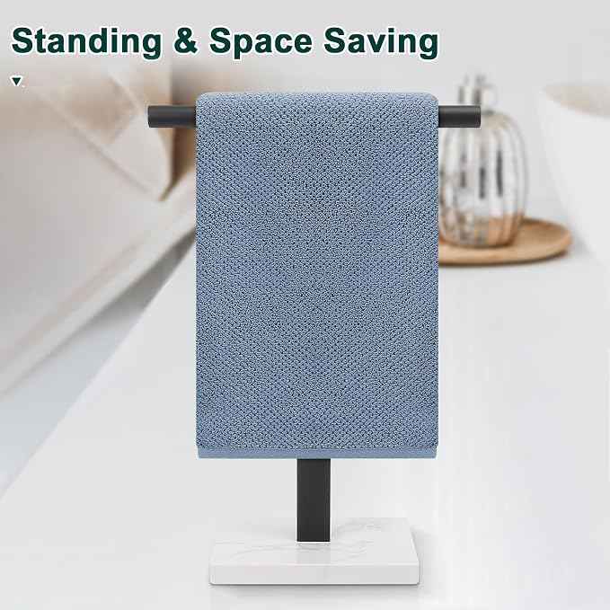 Hand Towel Holder, T-Shape Hand Towel Stand for Bathroom, Hand Towel Rack Bar Standing for Vanity Kitchen Countertop, 304 Stainless Steel, Marble Base (Black)