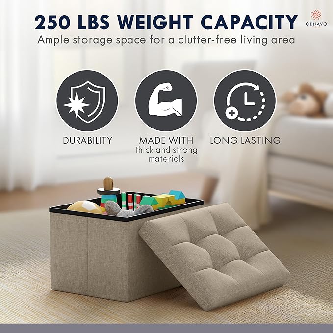 Ornavo Home Small Rectangle Ottoman Set of 2, Linen, 12x16x12, Taupe | Storage Collapsible Design; Foot Rest Stool Seat; Ideal for Living Room, Bedroom, Home Office or Dorm