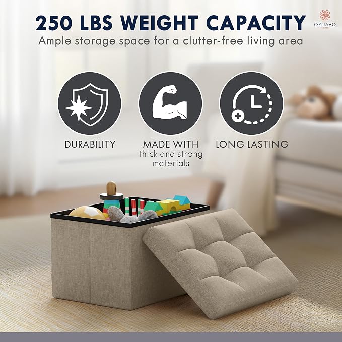 Ornavo Home Small Rectangle Storage Ottoman, Linen, 12x16x12, Taupe | Collapsible Cube Design; Foot Rest Stool Seat; Ideal for Living Room, Bedroom, Home Office or Dorm