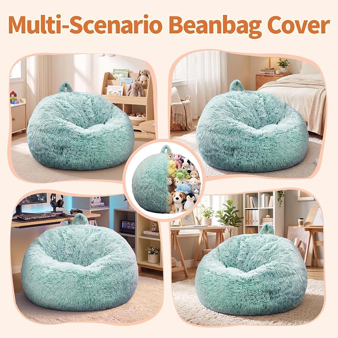 Stuffed Animal Storage Bean Bag Chair Cover, Soft Bean Bag Cover | Fluffy Faux Fur Stuffed Animal Storage Chair, Non-Slip Bottom, Fill with Plush Toys or Blankets, for Adults Teens Kids Girls