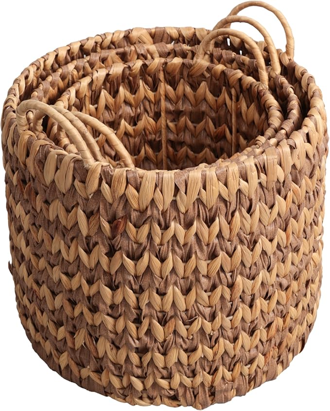 happimess Cassia 3-Piece Handwoven Hyacinth Nesting Baskets, Brown/Natural | Two-Tone Style, Integrated Round Handles, Durable Iron Metal Frame, Coastal Farmhouse Decor, Living Room Storage Containers