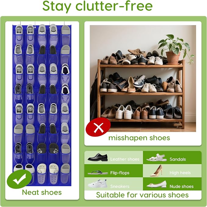 Over the Door Shoe Organizer with 40 Large Breathable Mesh Pockets, Space Saving Shoe Holder, Hanging Shoe Rack for Entryway Bedroom Closet Storage (Navy Blue, 40 Pockets)