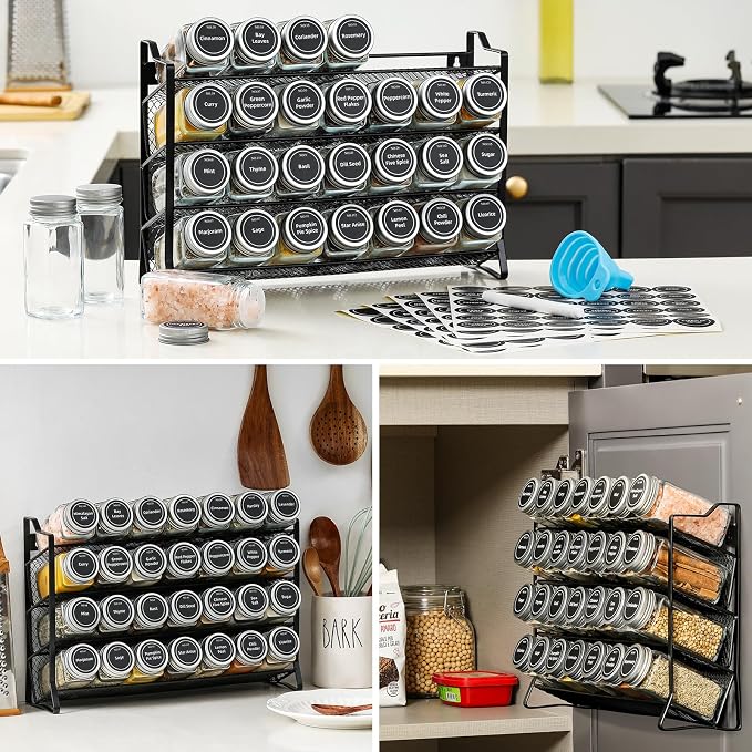 AOZITA Spice Rack Organizer with 28 Empty Spice Jars with Silver Lids, Funnel, Labels - Seasoning Organizer for Countertop, Cabinet, Kitchen, Pantry