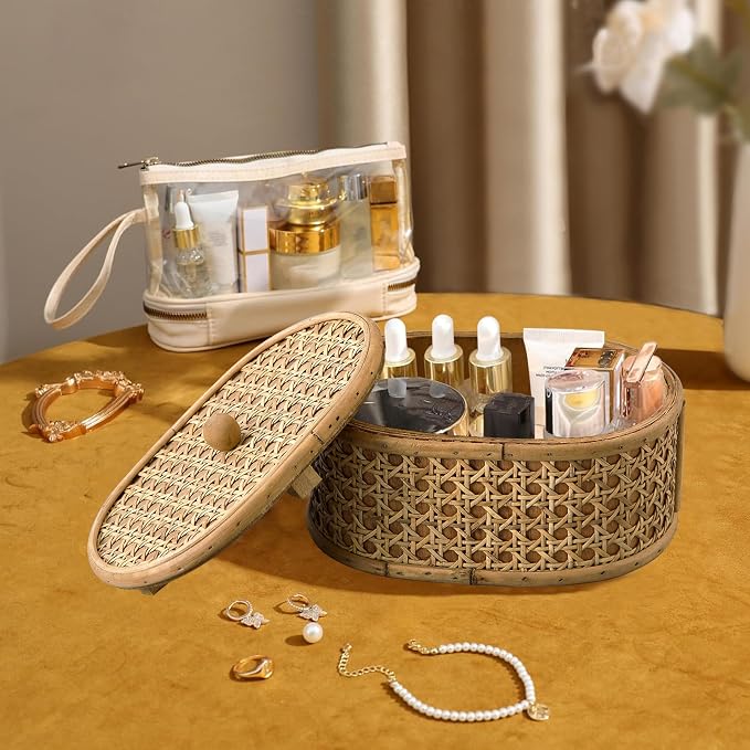 SOFE Rattan Decorative Box with Lid, Small Oval Box for Storage, Hand-Woven Display Boxes for Organizing Jewelry, Candies, Snacks, Keys, Farmhouse & Boho & Modern Home Decor, Dresser Decor