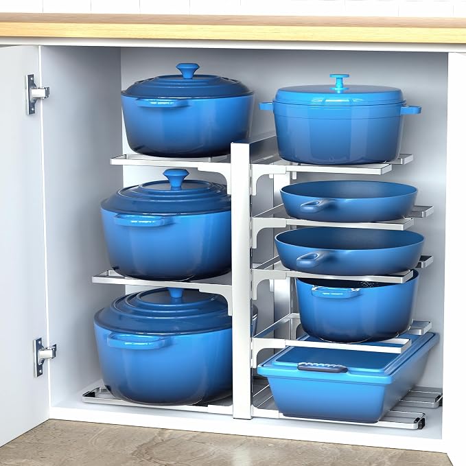 Pots and Pans Organizer Under Cabinet 15.8" 8-Tier Adjustable Silver | 2 DIY Modes, Tool-Free Assembly, Max 120 Lbs, Fits Cast Iron Pans, Dutch Ovens & Heavy Cookware, For Kitchen Cabinets