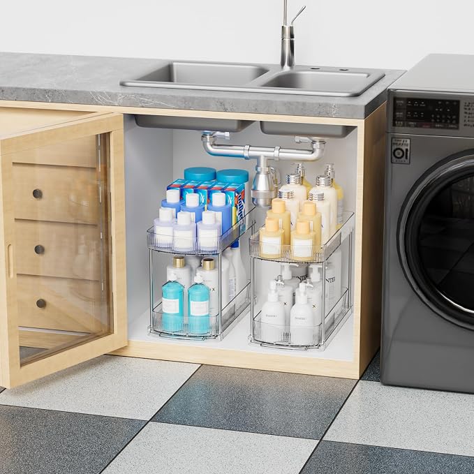 4 Pack Large Pull Out Bathroom Organizers and Storage,2 Tier 12.8″ Tall Sliding Kitchen Under Sink Organizer for Cleaning Products Storage,Acrylic Clear Bathroom inder Sink Organizer,Undersink Storage