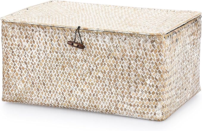 Hipiwe Wicker Woven Baskets Bin with Lid Seagrass Storage Basket, X-Large | Natural Decorative Baskets Rectangular Household Basket for Shelf Wardrobe Home Decor, Whitewash