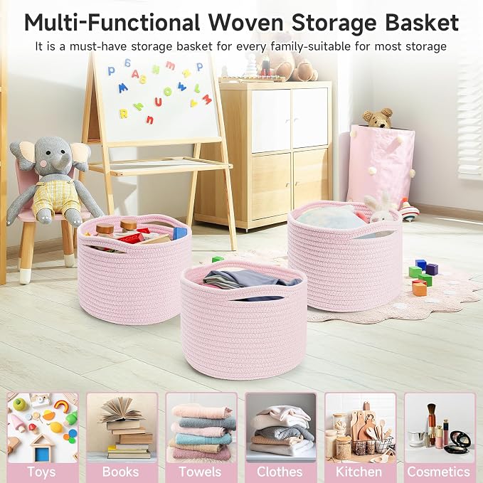 3 Pack Small Rope Storage Baskets, 9.82×9.82×7.1", Pink | Cotton Basket for Gifts Empty, Cute Round Woven Basket, Decorative Shelf Basket Organizer, Organizing Basket for Shelves