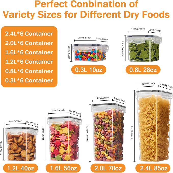 36 PCS Airtight Food Storage Containers with Lids, Plastic Kitchen and Organization Canisters for Cereal, Dry Food, Flour and Sugar, BPA-Free, PVC-Free, Includes Labels & Marker