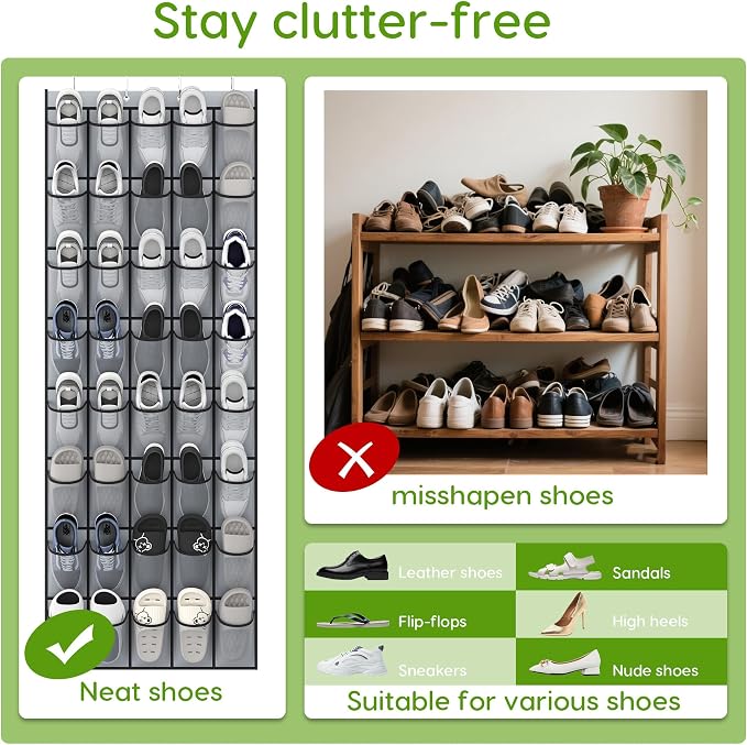 Over the Door Shoe Organizer with 40 Large Breathable Mesh Pockets, Space Saving Shoe Holder, Hanging Shoe Rack for Entryway Bedroom Closet Storage (Grey, 40 Pockets)