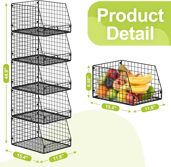 Jakyitvi 5 Pack XXL Stackable Wire Storage Basket, Extra Large Capacity Pantry Organizer and Storage, Muti-Purpose for Fruit Vegetable Basket & Toy Bin & Snack Organizer