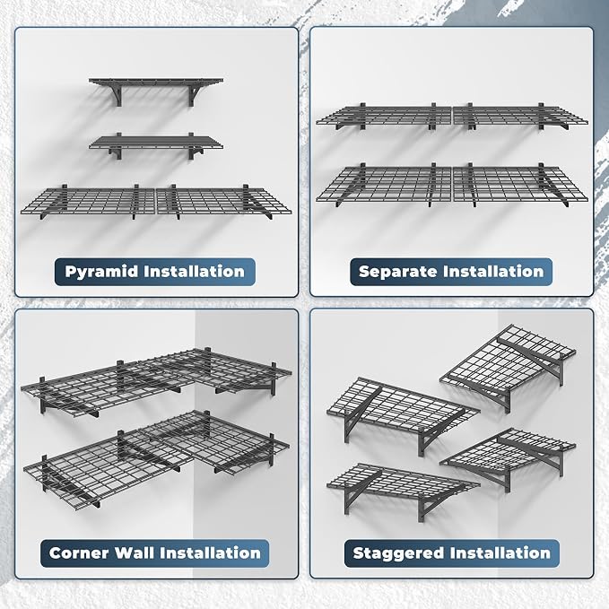 Jusgym 4 Pack Wall Mounted Garage Shelving, 2x3ft, 1400lbs Integrated Grid | Wall Mounted Floating Design, 24"x72" Storage Rack, No Splice Seamless Structure, Rustproof Black Coating for Garage Workshop