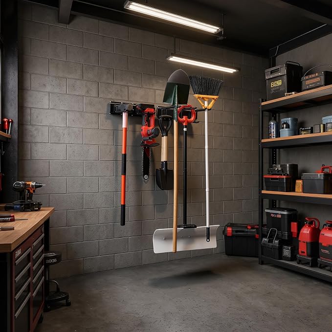 VEVOR Garage Tool Organizer 33 Inch 400 lbs Wall Mount Garden Tool Rack, Heavy Duty Garage Hanging Storage Rack Organization with 2 Rails and 5 Adjustable Hooks, for Yard Tools, Shovel, Rake, Shed
