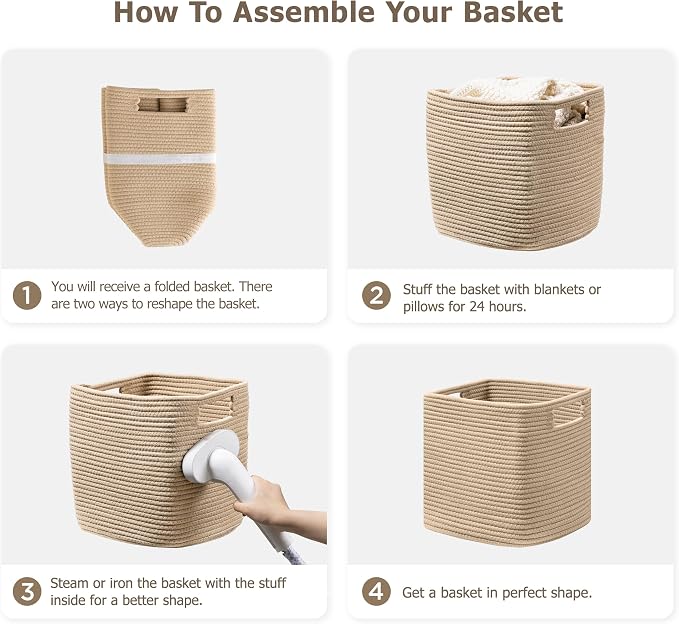 UBBCARE Set of 4 Storage Basket-12 X 12 X 12 in, Cotton Rope Basket for Shelves, Toys, Book, Cube Storage Bins with Handles, Woven Storage Basket for Organizing, Brown