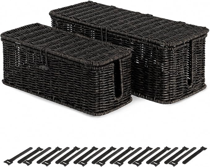 BROWNLILY Rattan Wire Storage Box, Handmade Cord Organizer for Desk Cord Hider Outlet Covers Baby Proofing for Power Strip TV PC Router Charger Under Desk Cable Management Box-Black, Set