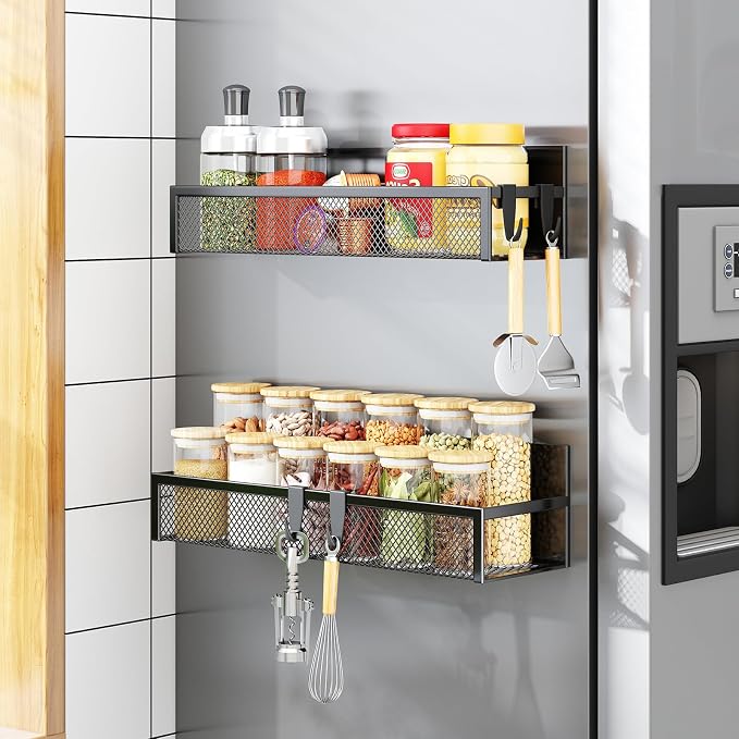 Aufworld Magnetic Spice Rack for Refrigerator, 2 Pack Magnetic Shelf, Fridge Magnet Organizer with Moveable 4 Hooks, Magnetic Fridge Shelf for Kitchen Organization and Storage (2 Pack)