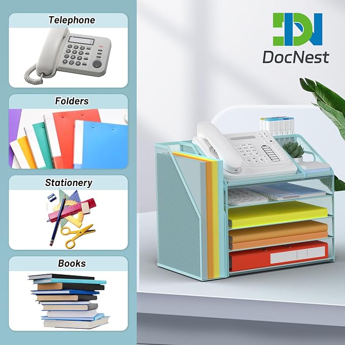 DocNest 5 Tier Metal Mesh Desk File Organizer with Phone Shelf, Blue | Desktop letter tray sorter features a 9.1x9.1 inch top phone holder, built-in sticky note compartment and pen holder