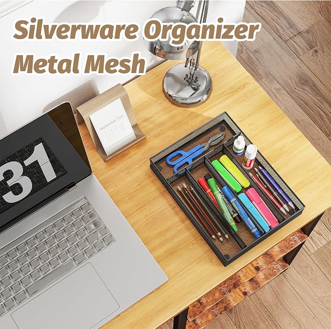 Sedegn mesh silverware tray for drawer: 5 Compartments for Easy Sorting | Sized at 9.3" x 12.6" for kitchen drawers with non-slip feet, metal mesh design for easy cleaning, organizing flatware Black