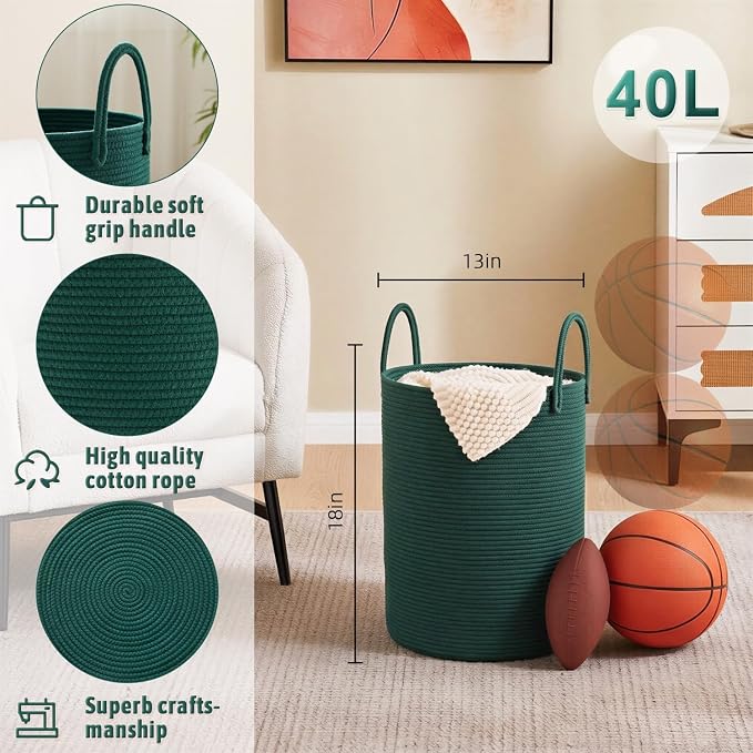 Artfeel Laundry Basket,Woven Cotton Rope Laundry Hamper,40L for Decorative Storage of Dirty Clothes,Toys and Blankets in Bathroom,Baby Room and Living Room
