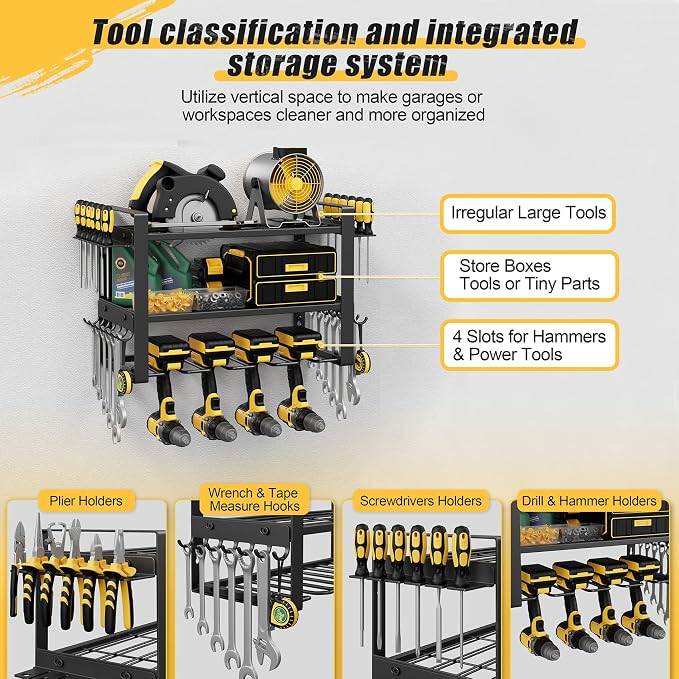 Power Tool Organizer Wall Mount, 150LBS Capacity, 3 Tier, 4 Drill Holders | 3-Tube Reinforced Design, Holds 50+ Tools, Cordless Tool Organizer, Rust Resistant, Quick Assembly, Garage Gift for Men