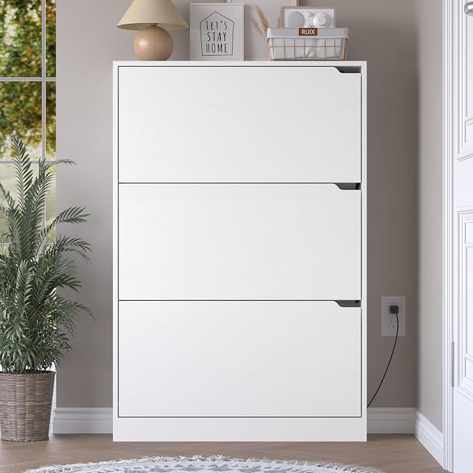 BORNOON Shoe Cabinet with Odor Control and Back Panels, Deodorizing Slim 3-Flip Shoe Storage Cabinet for Entryway, Freestanding Hidden Shoe Rack Organizer for Entrance, Hallway, Bedroom