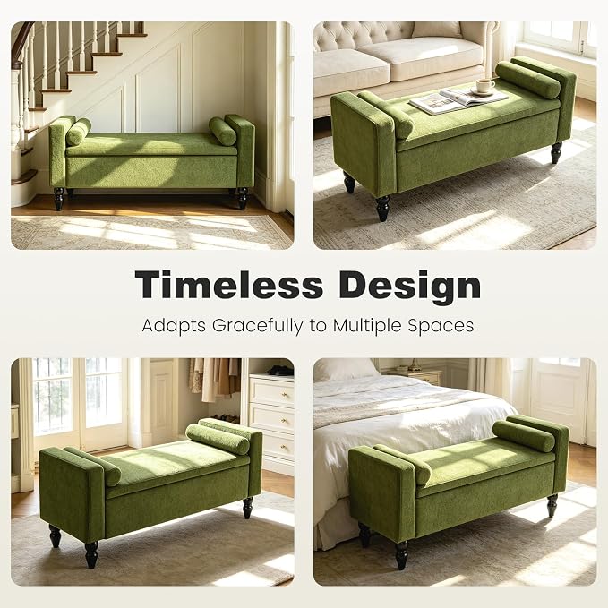 End of Bed Bench for Bedroom, 45.7" Linen Storage Ottoman Bench with Removable Pillows, Upholstered Entryway Bench with Solid Wood Legs, Storage Cabinet for Bedroom, Living Room, Entryway, Green