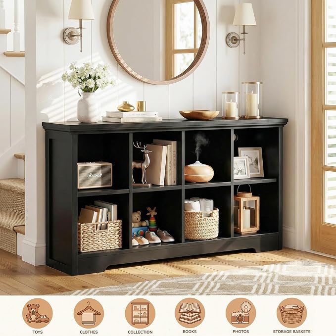 Aheaplus Wooden 8-Cube Storage Organizer with Charging Ports, Modern Cube Bookcase with Base, 3-Tier Floor Standing Open Cubbies Bookshelf, Cubicle Display Shelf for Home and Office, Black