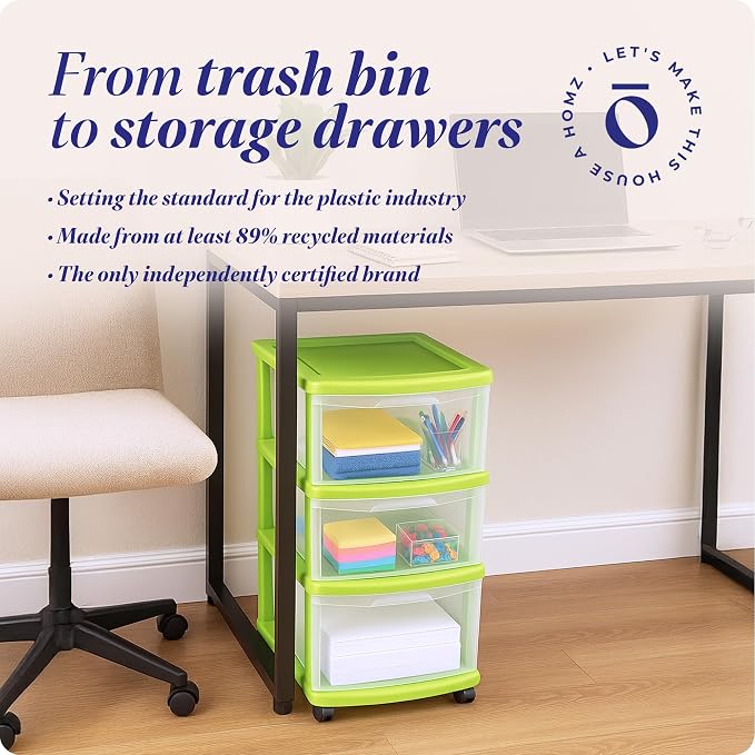 Homz 3 Drawer Plastic Storage and Organizer Cart, Rolling Cabinet for Home, Office, Classroom, Craft, Art Supplies, Bold Lime Frame with Clear Drawers