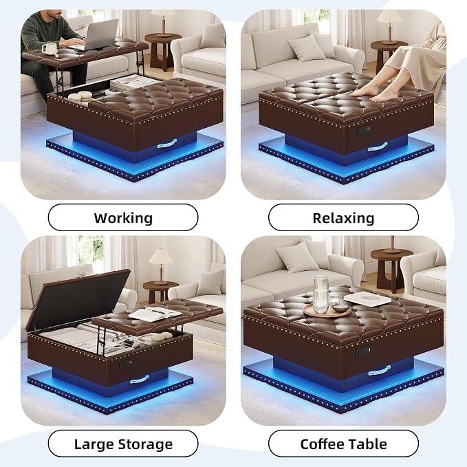 Large Square Ottoman with Storage, Square Storage Ottoman Coffee Table | Coffee Table Storage Ottoman Bench with Lift Top and Two Tier Drawers, LED Ottoman Bench with Charging Station, Brown