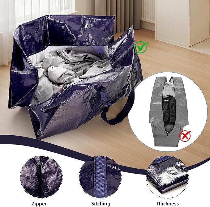 12 Pack Moving Bags with Full-Open Side Zipper, Extra Large 93L Heavy Duty Waterproof Foldable Storage Totes for College Dorm, Moving & Home OrganizationDarkBlue