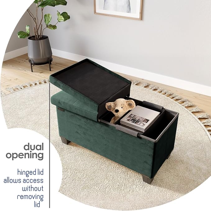 Storage Ottoman Bench with Bins, 30-in Storage Bench for Bedroom End of Bed, Folding Foot Rest Ottoman for Living Room Max 660lbs, Velvet Ottomans, Green