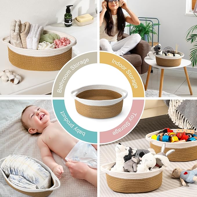 LANDNEOO Small Woven Basket with Gift Bags and Ribbons, Empty Decorative Gift Chest Box, Cute Baby Gift Basket for Nursery, Cotton Rope Room Shelf Storage Basket with Handles, 12"x 8"x 5", Yellow