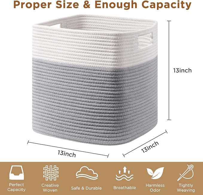 UBBCARE Set of 4 Storage Basket-13 X 13 X 13 in, Cotton Rope Basket for Shelves, Toys, Book, Cube Storage Bins with Handles, Woven Storage Basket for Organizing, White/Grey