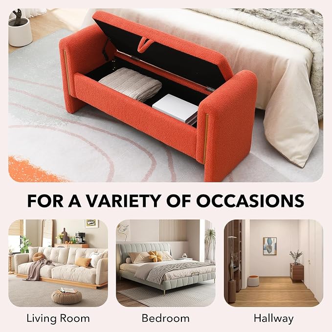 NIOIIKIT 52" Storage Ottoman Bench, Teddy Upholstered Storage Bench with Armrest, Entryway Bench with Pull-Ring, End of Bed Bench, Window Bench for Living Room (Orange)