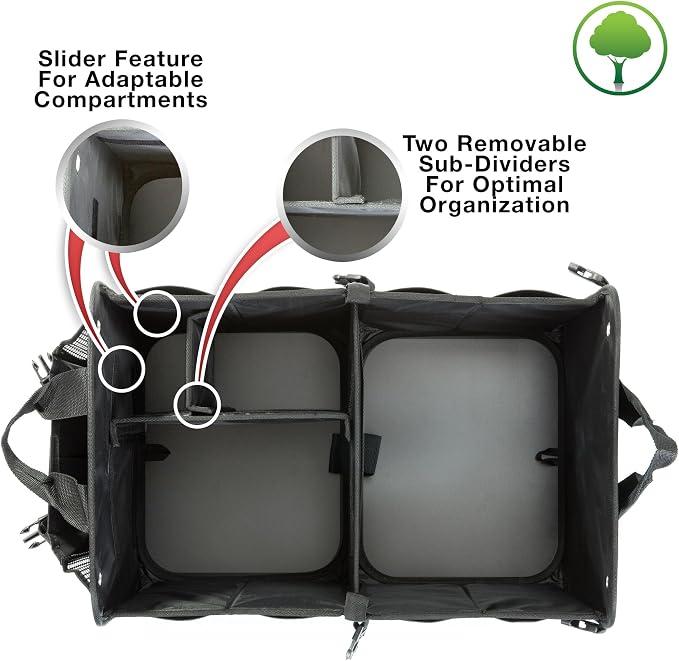 Car Trunk Organizer for SUV & Truck Cargo Storage, Large, Black | Fits Cars, SUVs & Trucks 4 Adjustable Compartments Non-Slip Base & Straps Foldable 11 Pockets Car Accessories