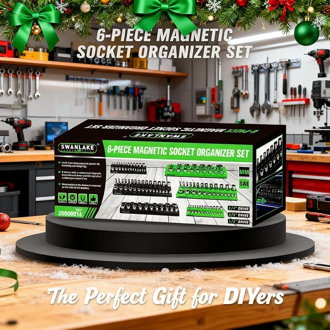 Magnetic Socket Organizer Set, 6-piece 1/4", 3/8", 1/2" SAE & Metric Sockets Holder, Drive Socket Trays, Storage Tool Box, Holding 143 Slots, Soft Rubber Covering Black Green Tools