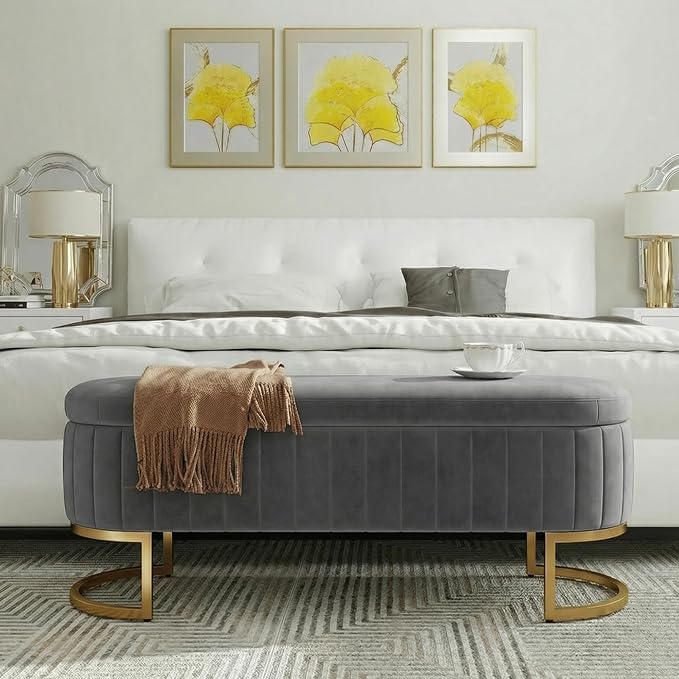 65" Velvet Storage Ottoman Bench End of Bed for Bedroom Entryway Light Grey