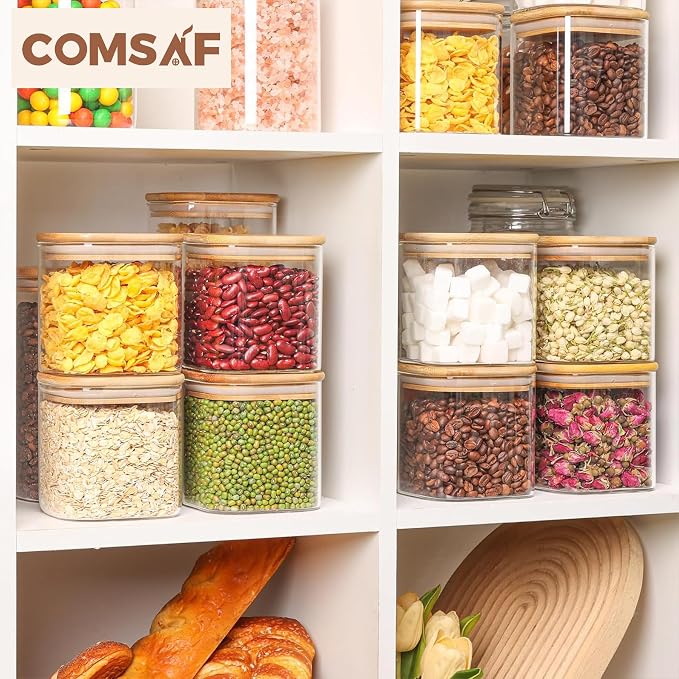ComSaf Square Glass Containers with Lids 0.7 Qt, Set of 9 Small Galss Jars | Small Kitchen Canisters, Spice Jar, Pantry Organizers, Family Snack Station, Size For Subpackage, BPA Free, Cookie, Dry Food