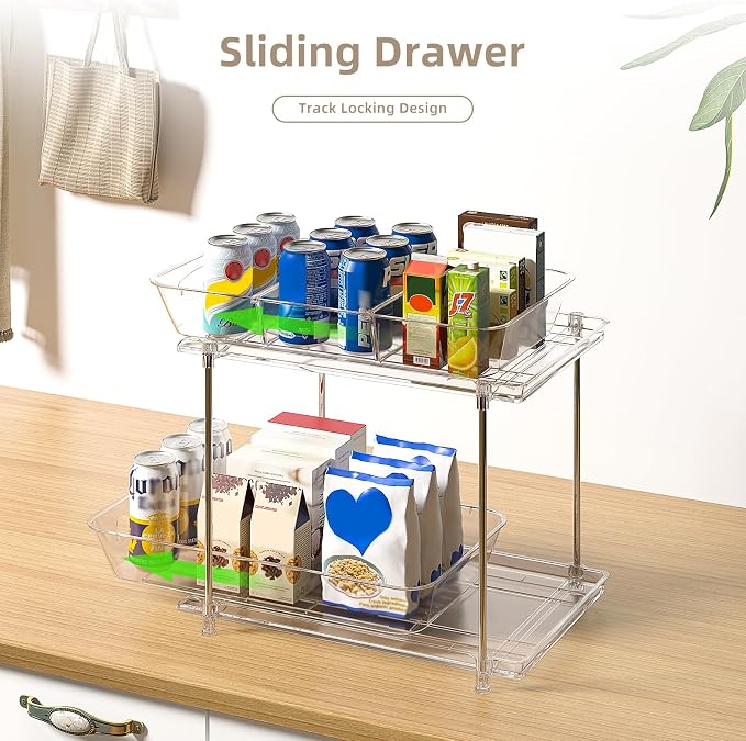 Sevenblue 4-Pack 2-Tier Under Sink Organizer with Pull Out Drawers | Multi-use kitchen & bathroom storage. Includes hanging hooks and cups. transparent, space-saving cabinet design. 11.2 Inch