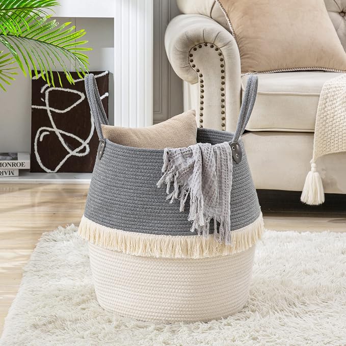 KAKAMAY Woven Baskets for Storage(17"x17"),Large Cotton Rope Woven Baby Laundry Hamper,Collapsible Laundry Basket, Blanket Basket for Organizing Living Room,Nursery,Pillows,Toy Chest(Grey)
