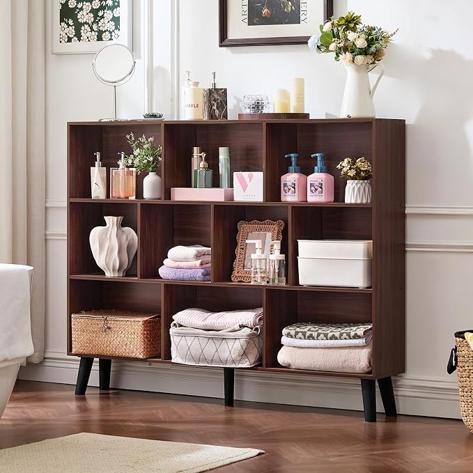 LEYAOYAO 10 Cube Bookshelf, Mid-Century Modern Book Shelf with Legs, Walnut | 3 Tier Bookcase, 55" Wide Rustic Wood Bookshelves Large Storage Organizer, Open Shelves for Bedroom, Living Room, Office