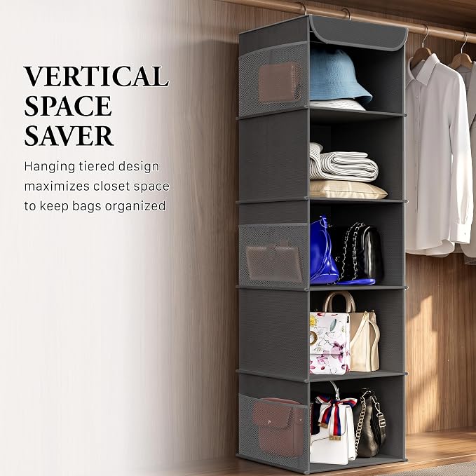 Simple Houseware 5 Shelf Hanging Closet Organizer, Dark Gray | 360° Rotating Dual Hooks, Top Support Metal Frame, 6 Side Mesh Pockets