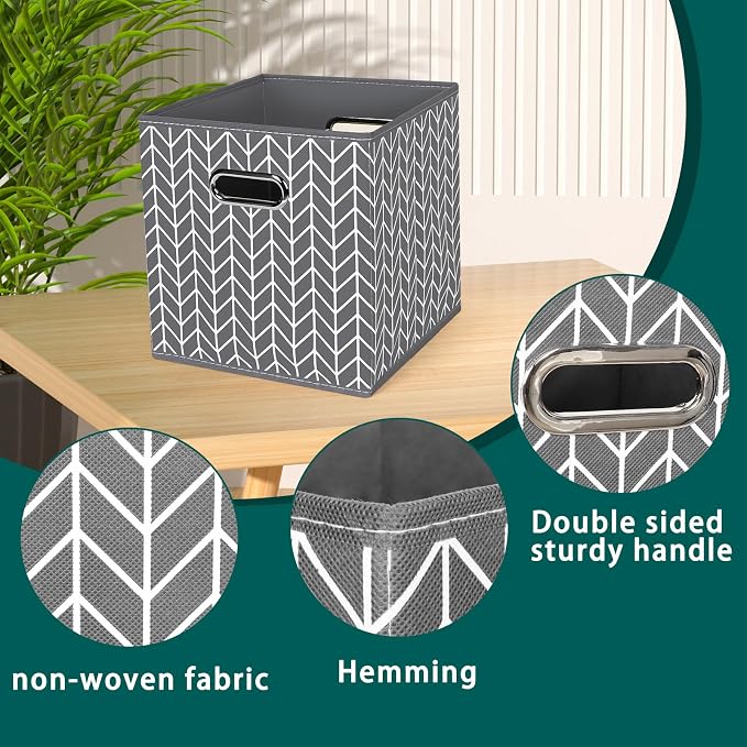 Black Foldable Storage Cubes Bins, Fabric Storage Box Cubes Organizer Baskets with Dual Handles for Home Organizer,Set of 3,(Grey Wave)