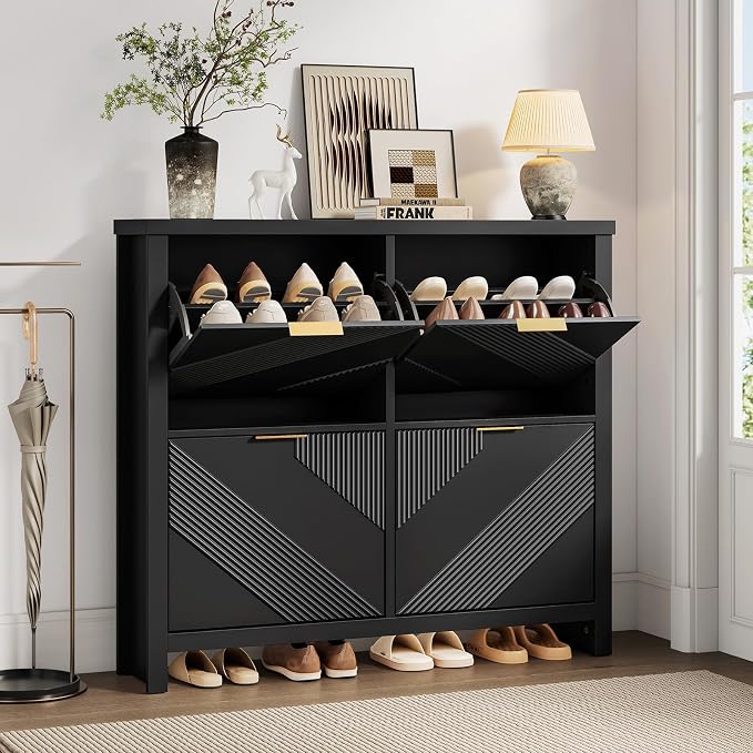 Shoe Cabinet with 4 Flip Drawers & Symmetric Groove Pattern for Entryway | 44.5''W x 9.2''D x 39.4'' Black Fit for 16-24 Pairs of Shoes Slim Narrow Hidden Shoe Storage Cabinet for Hallway Living Room