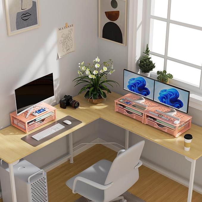 gianotter Computer Monitor Stand Riser with Drawer | Desk Organizers and Accessories Desk Accessories & Workspace Desktop Organizers Storage for Printer Stand (Rose Gold)