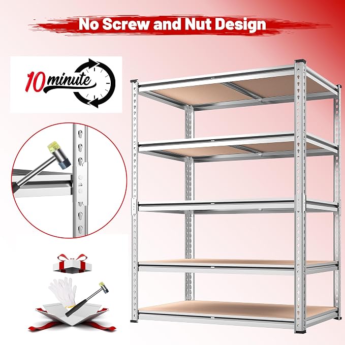 REIBII 2020LBS Garage Shelving Heavy Duty Metal Shelving 5 Tier Storage Shelves, Garage Shelves for Basement, Warehouse, Pantry, Closet, Kitchen, 72" H x 36" W x 16" D, Galvanized, 2 Pack