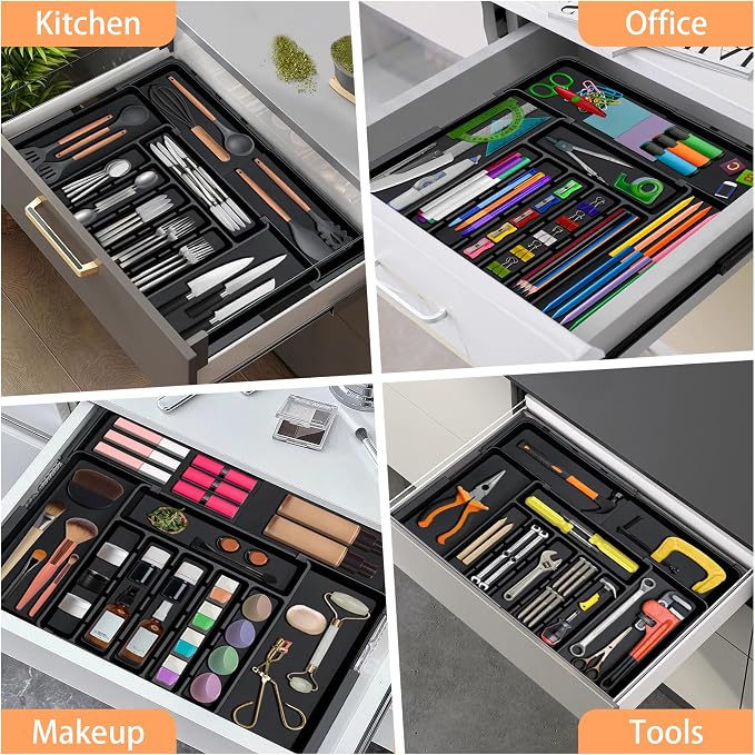 Silverware Organizer Expandable Kitchen Utensil Drawer Organizer Large BPA Free Adjustable Cutlery Silverware Tray for Spoons Forks Knives Storage Divider for Kitchen Flatware 6-9 Slots Black