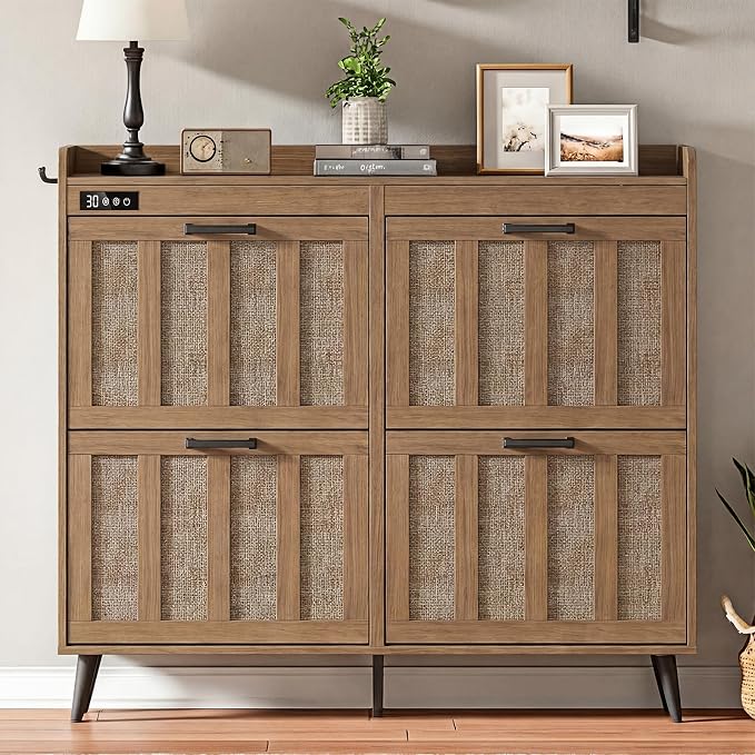 ChooChoo Shoe Storage Cabinet with 4 Flip Drawers and Deodorizer | Shoe Organizer Storage for Entryway, Freestanding Hidden Slim Narrow Shoe Rack Cabinet, Rustic Oak