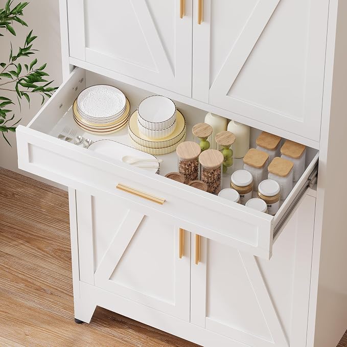 71“H Metal Kitchen Pantry Cabinet with Drawers,White Kitchen Pantry Cabinets,Tall Food Storage Cabinets,Free Standing Pantry Cabinet with 4 Doors,Farmhouse Pantry Cabinets